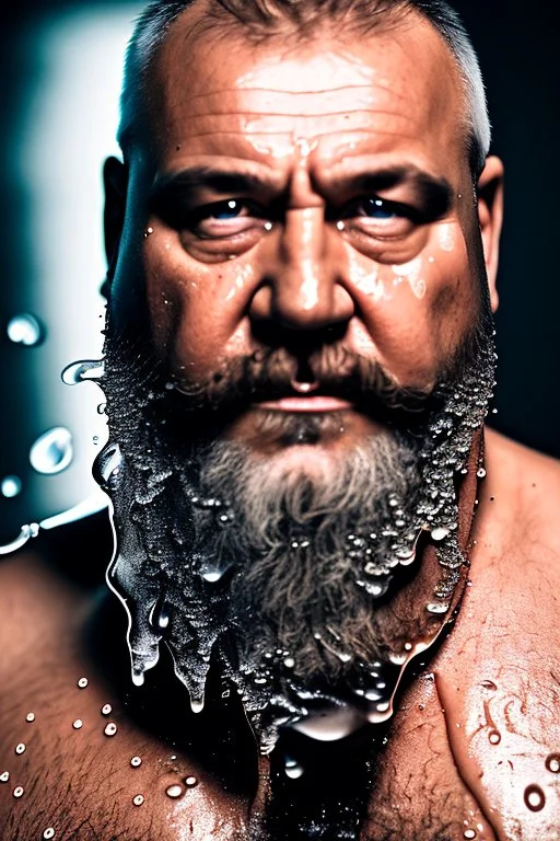 close up photography, dirty burly russian ugly strong chubby 56 years old man, bullneck, milk falling from above, splashing and dripping milk in the face, milk dripping on the beard, with dirty tank top, tattoo, serious eyes, manly chest, 35mm lens, natural light