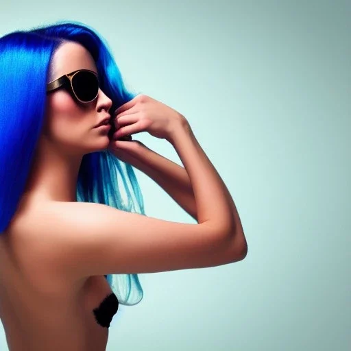 body, woman, rendering, blue hair, mirror, sun glasses, romantic