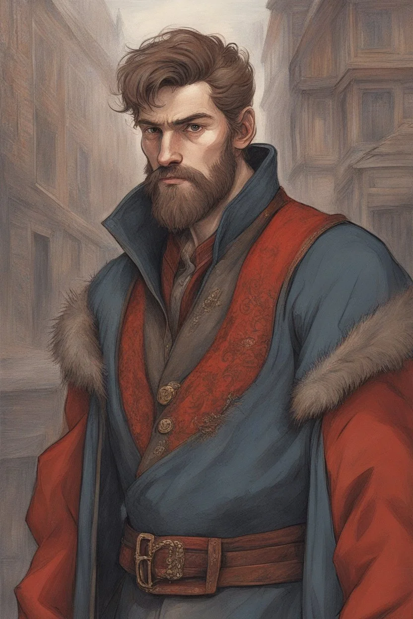 man, age 20, medieval, fighter, russian, croocked nose, czar, rich, simple clothes, short messy hair, thick beard, oligarch, leather coat with fur, brocade clothes, pencil drawing, black or red hair, muscles