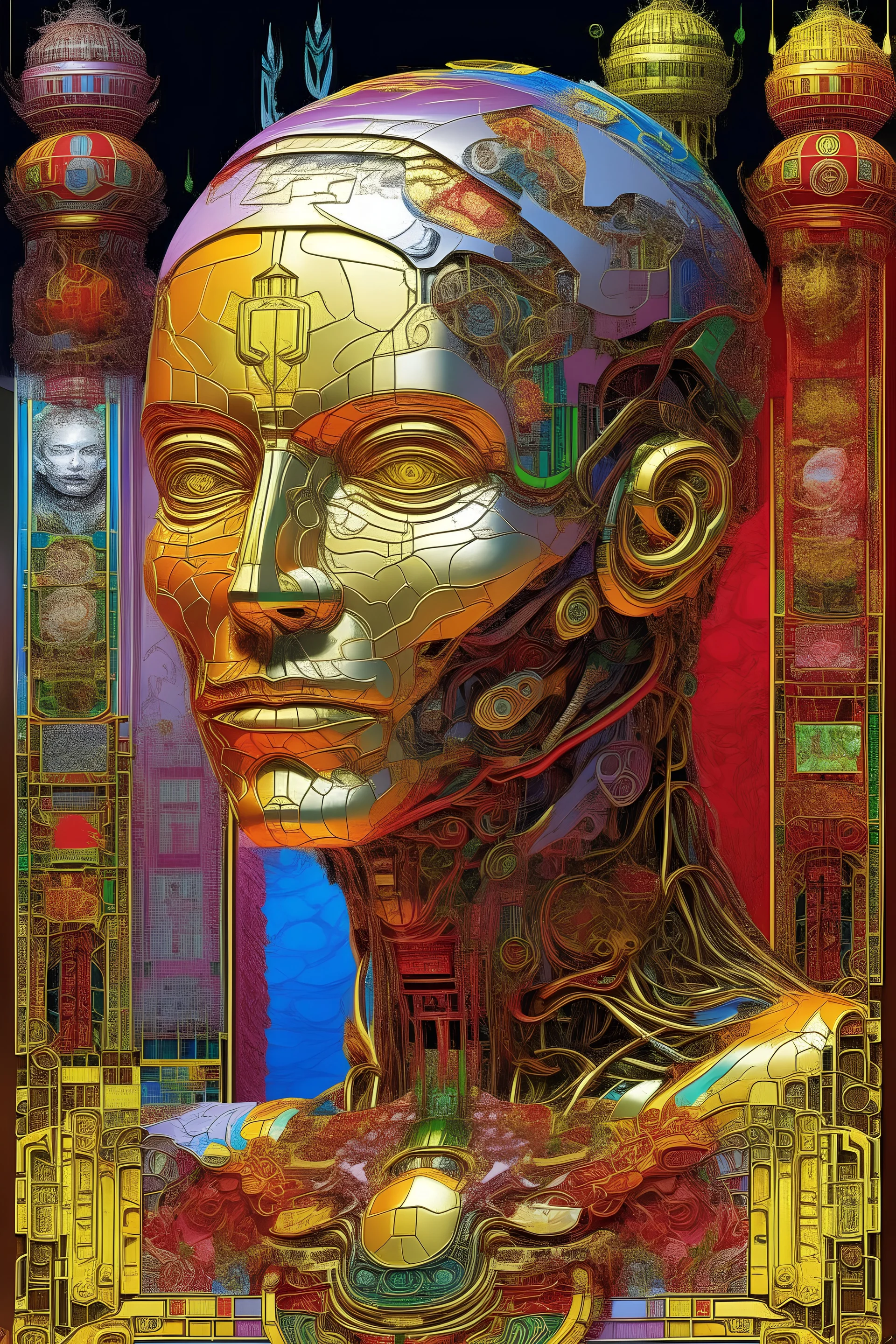 Psychedelic 8k subrealist artwork hdr in the Michael Whelan featuring an unreal dimension grafitti style with intricate details stunning android superstar jewles in gold ,diamonds and blood half-android. with Andreas Achenbach art style and collaboration details with cubism art style