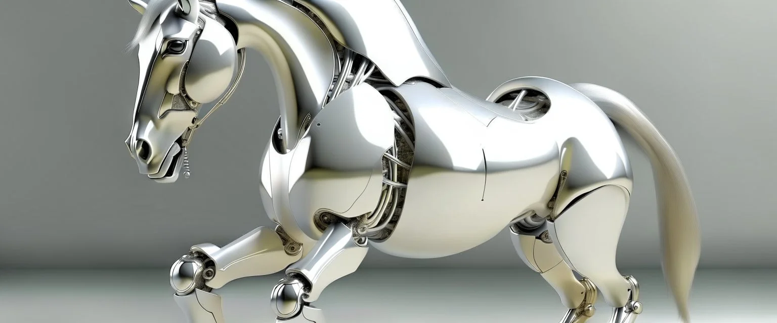 A robotic horse with an Apple logo called “iBots”, suggesting it’s made from an Apple product’s casing. Its glossy white and silver limbs are mechanically jointed, reflecting a scarabet’s anatomy. The design is a creative fusion of technology and organic form, compactly labeled “ibots.” Hyper detailled, hyper realistic, 4K, sharp render