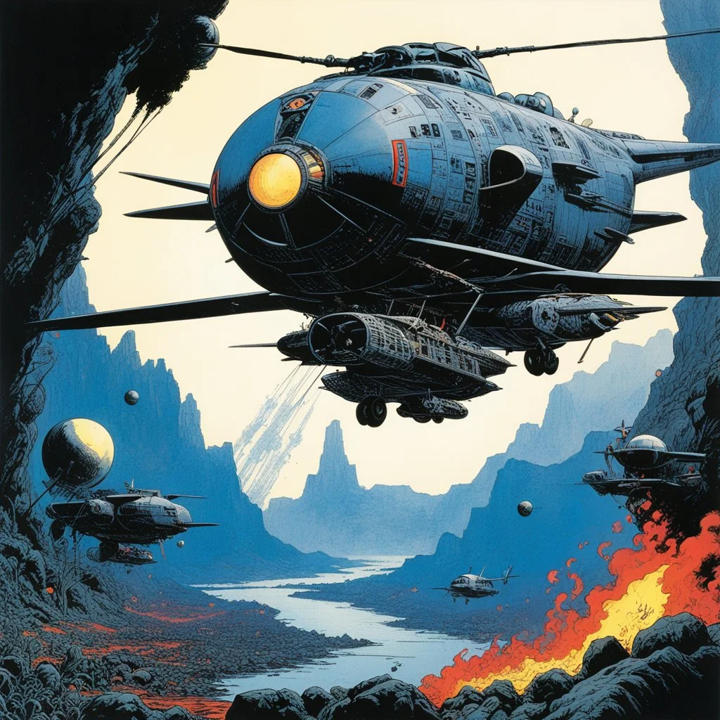 (art by Philippe Druillet's Délirius, 1973, written by Jacques Lob) helicopter crash