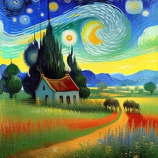 Dibujo al oleo de una pradera con una casa y una cebra y una leona con muchas nubes de colores estilo Vincent van Gogh