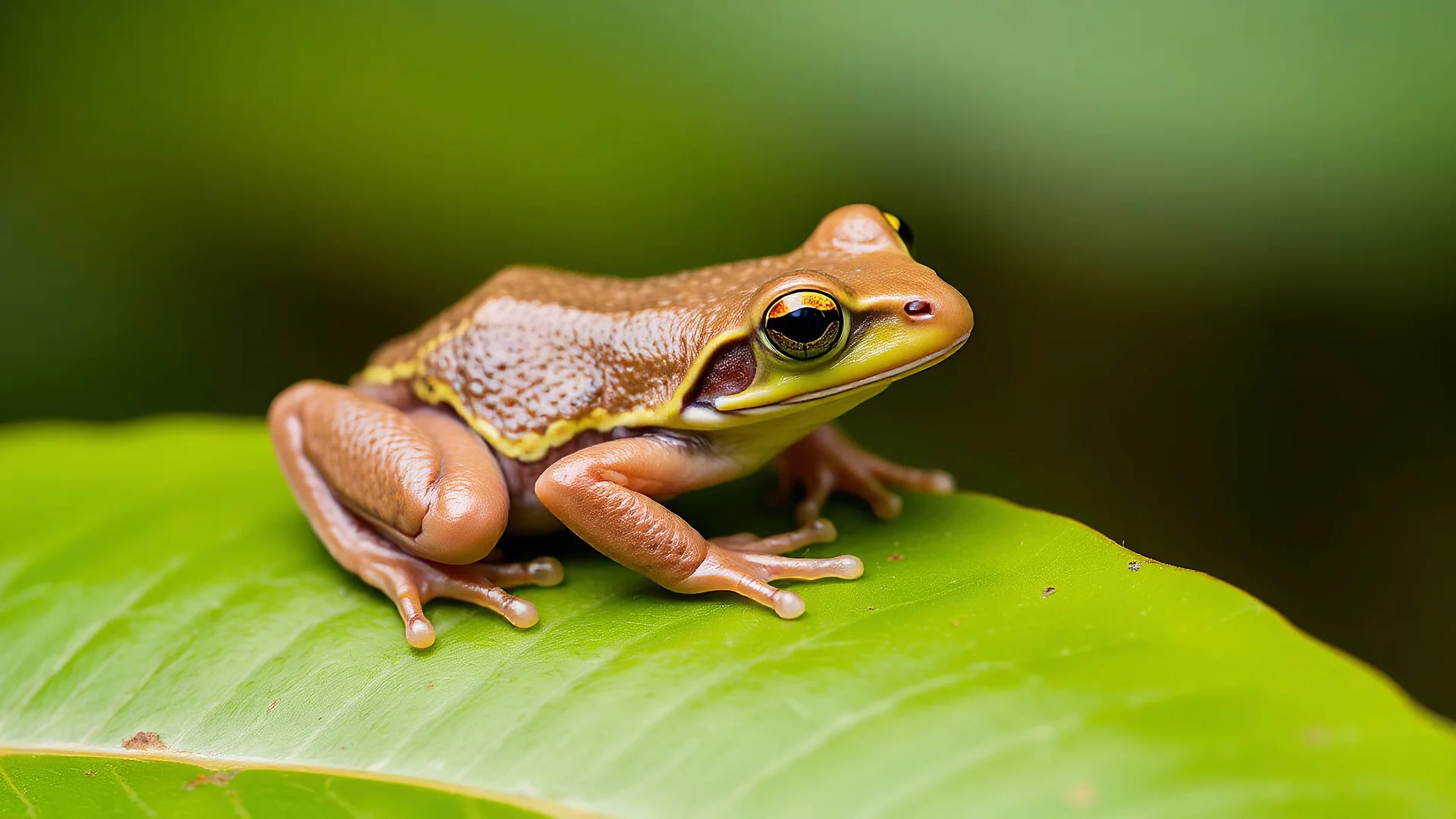 a small frog on a green leaf, stamps on its head