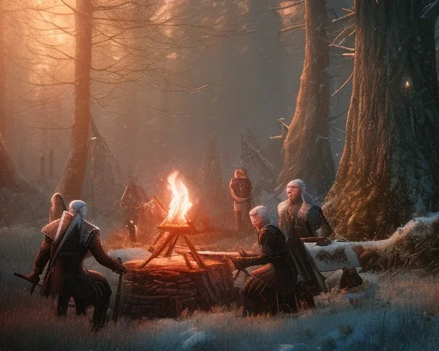 The Witcher, Geralt of Rivia, Jaskier the Bard, snowy forest scene, around a campfire, Jaskier playing his lute, monster lurking in background behind a tree, DSLR, panorama, complementary colours, splash of colour, hyperrealism, 8k resolution concept art, intricately detailed