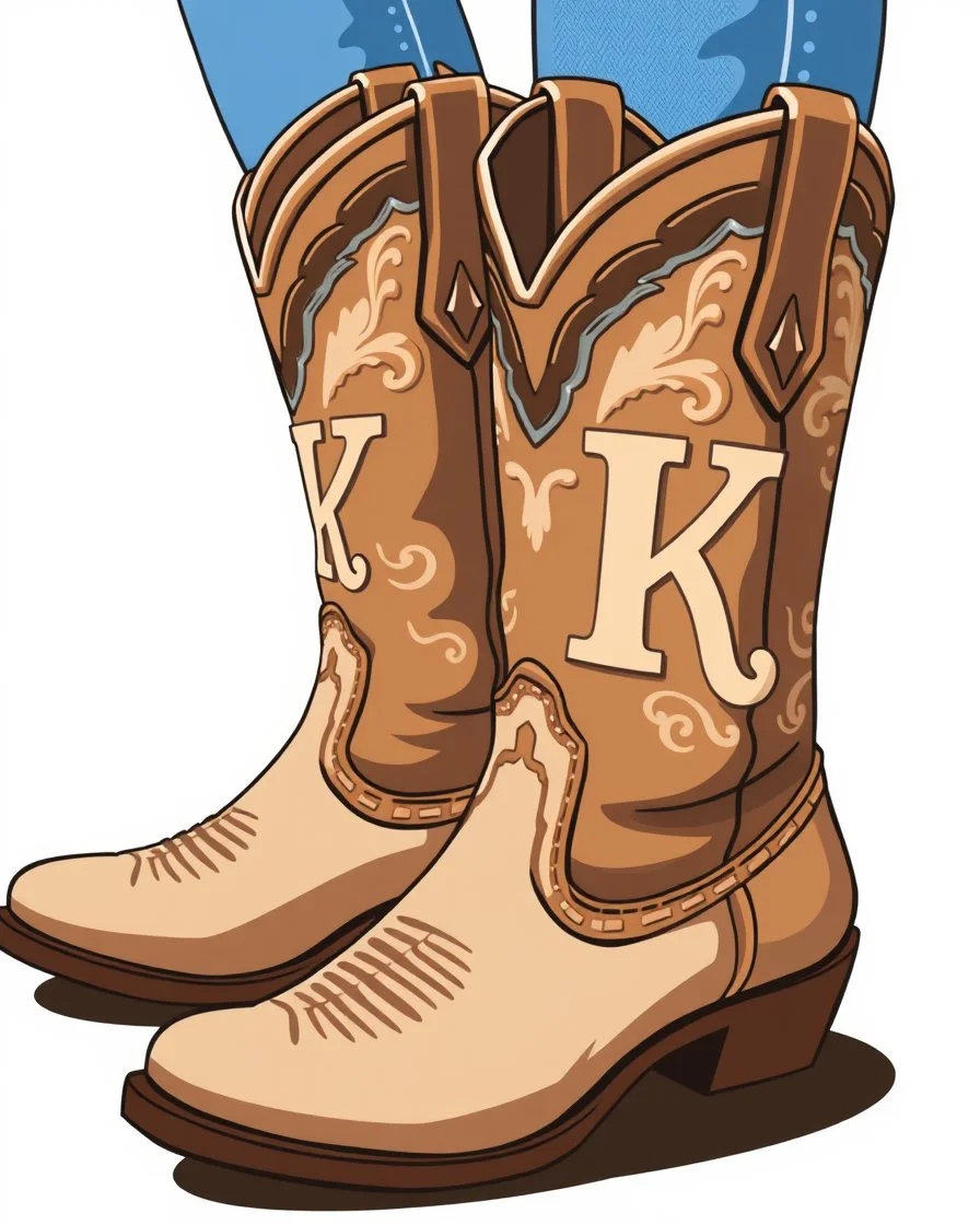 a pair of cowgirl boots with a large "K" in the pattern on the side of the closer boot. Vector illustration