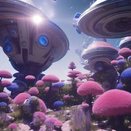 Spaceship landed on futuristic planet, sunny day. clear blue sky, cascade, flowers. Elegant. Extremely detailed. Award winning photography. Fantasy. 8k. Cinematic lighting. Photorealistic. Dynamic lighting. Imperial colors. Crisp quality. Unreal Engine. Colourful cinematic postprocessing. Pixar. VRay.