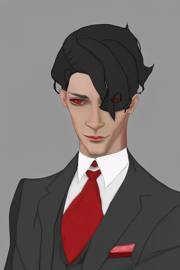 Realistic, red eyes, light skin, short black hair, red earring, suit and tie clothing, gloves on hand