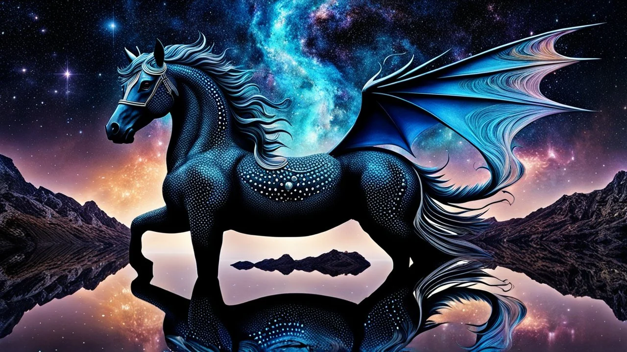 horse-dragon stunning weird hybrid , ghostly wings, symmetrical, galaxy, stars, dark material, rocks, reflections, fantasy, sci-fi, detailed, masterpiece intricate detail, deep colors, hight textures, glitch, metallic shine, sharp focus, 64 megapixels, surreal fantasy mood