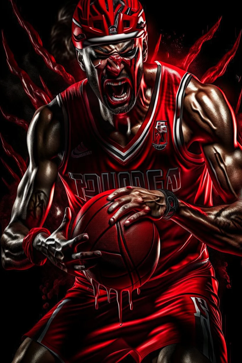 a photorealistic 12k ultra-high-definition rendering of an attractive but mean and cool looking zombie, upclose captured in a dynamic action shot dunking the ball, Wearing a red and white skinny NBA shirt with nail scratch marks, a cool usa sweatband, trendy basketball sneakers, black tights, product photography focus, an explosive and dark background