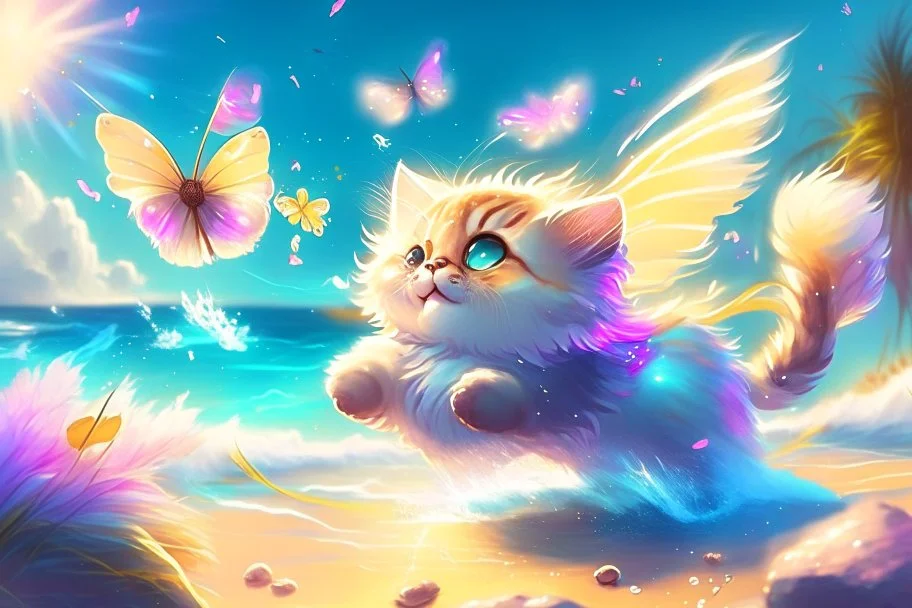 cute chibi fluffy beige bioluminescent cat playing with colorful flying butterflies dynamic movements next to the sea in a tropical paradise in sunshine