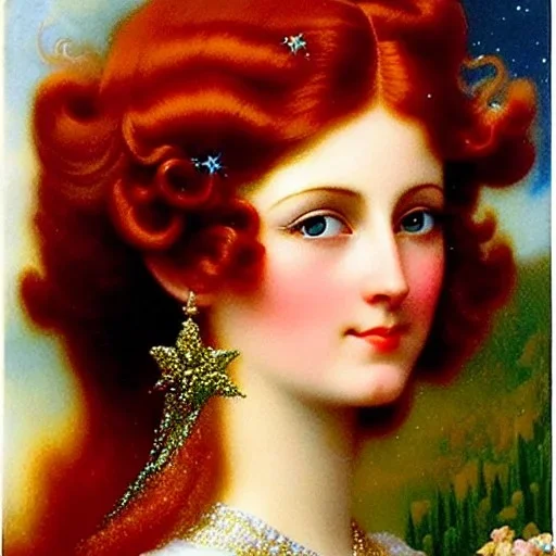 Young maggie rizer, meticulously detailed face, meticulously detailed multi-hued long red hair; ethereal fantasy. Maxfield Parrish. realistic oil painting. Victorian era, glitter, luminous color sparkles, old fashioned, vintage, antique, beautiful, renaissance, 16k