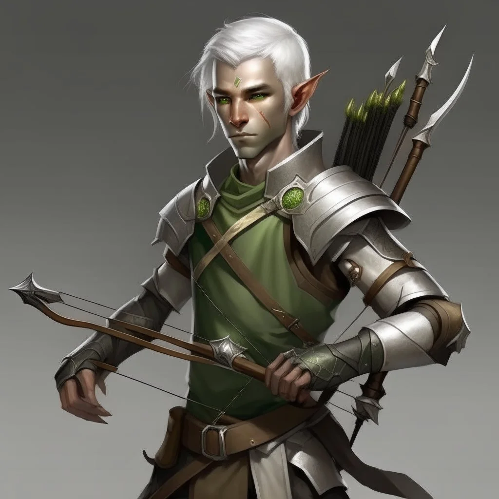 Please create an image for a young elven male with light brown skin, silver hair, and green eyes. He is carrying a crossbow and is accompanied by a metallic robot