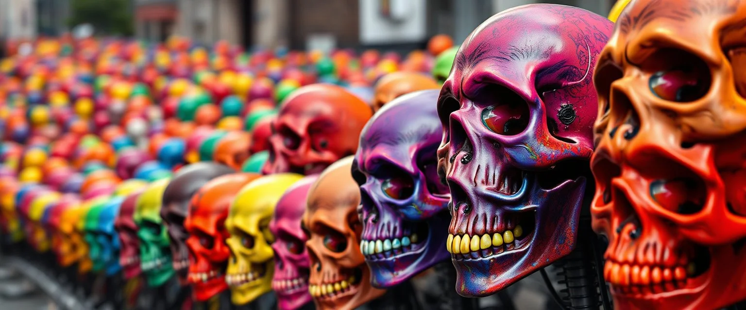 a field of skulls, multi colored, bright, vivid, psychedelic, high detailed, high gloss, insanely detailed, matte, horrorcore, lining the street, unsettling contrast, monument to death