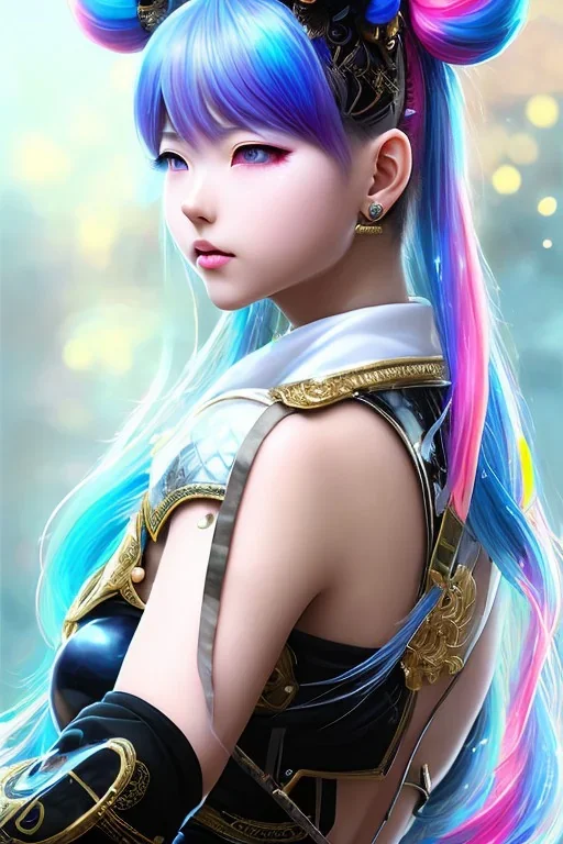 Detailed cute anime Kunoichi girl, rainbow hair buns, rainbow bangs, black latex bodysuit, intricate details, full body portrait, keep head in frame, slight smile, black Japanese motif, concept art, highly detailed, digital painting, concept art, sharp focus, illustration, art by Yoji Shinkawa, WLOP and greg rutkowski and alphonse mucha and artgerm and yanjun Chen and Junji ito and Makoto Shinkai, HDR, octane render