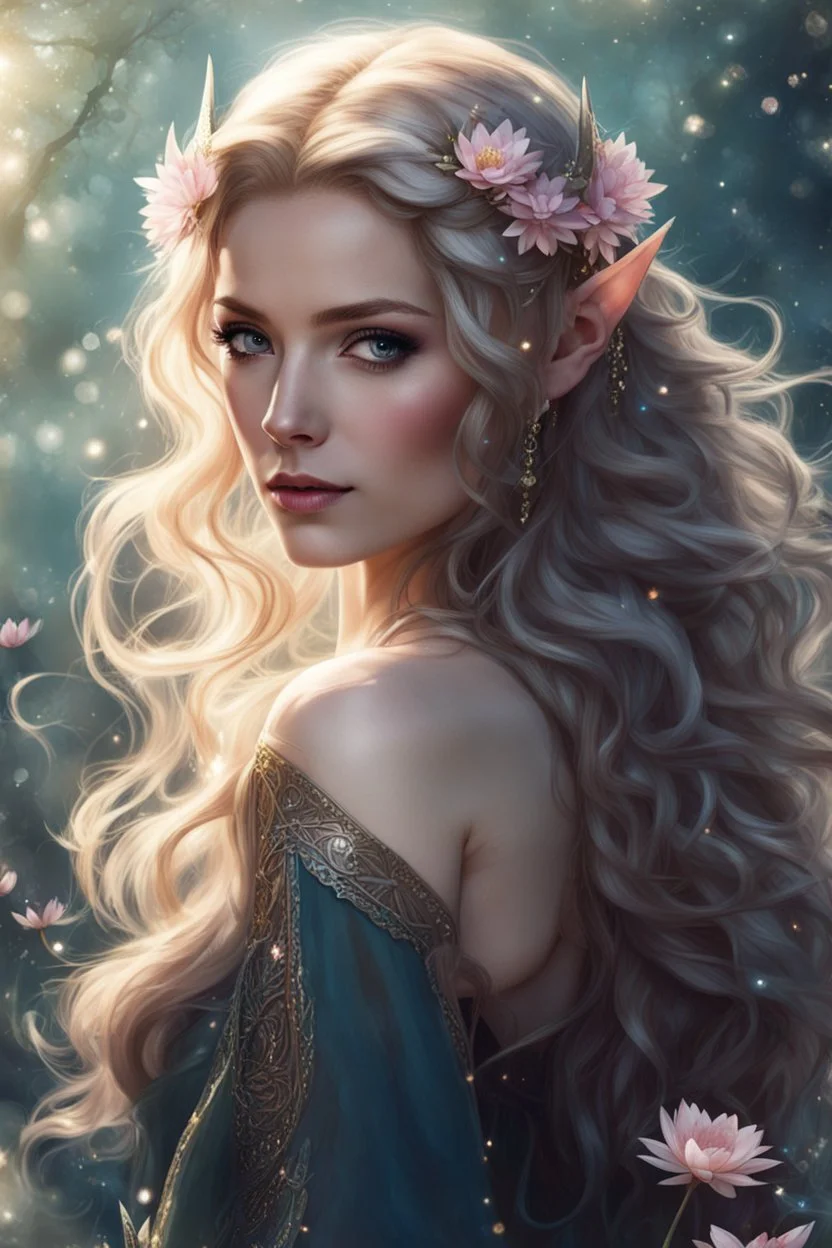 Pink flower crown,Pointed elven ears,Blonde hair ,Pink dress,Sparkling fairy wings,Very long golden hair,Fairy crown,pointed ears,elven ears,fairy wings,water lilies,sparkling,glittering,flowers,blossoms,golden crown,light pink dress