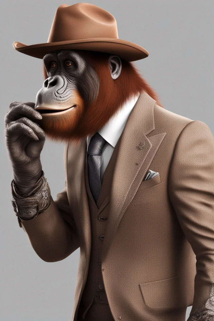 Anthropomorphic orangutan with brown cowboy hat, hyper-realistic suit and tie 8k