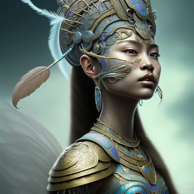 Sango fantasy, fantasy magic, intricate, sharp focus, illustration, highly detailed, digital painting, concept art, matte, art germ and Paul Lewin and Kehinde Wiley, masterpiece Mayan princess dancer head bronze feather's' Asian Latin girl nice breast Thai hair turquoise silver blue sky