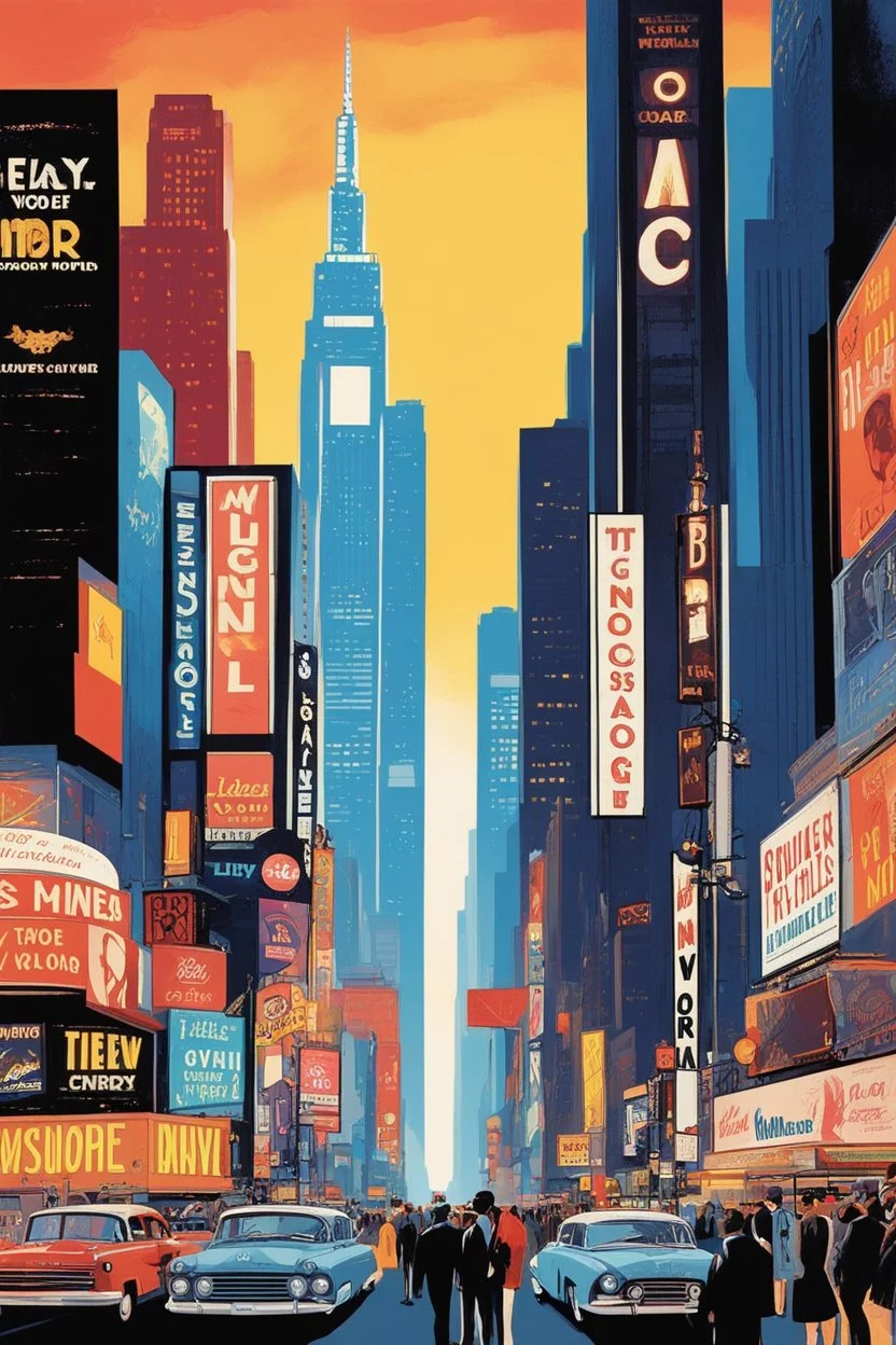 [Affiches vintage by Gary Godel] Famous iconic Movie place in vintage designs. Visit Times Square "The Crossroads of the World," famous for its bright lights, theaters, and bustling energy. Colorful unique Illustration