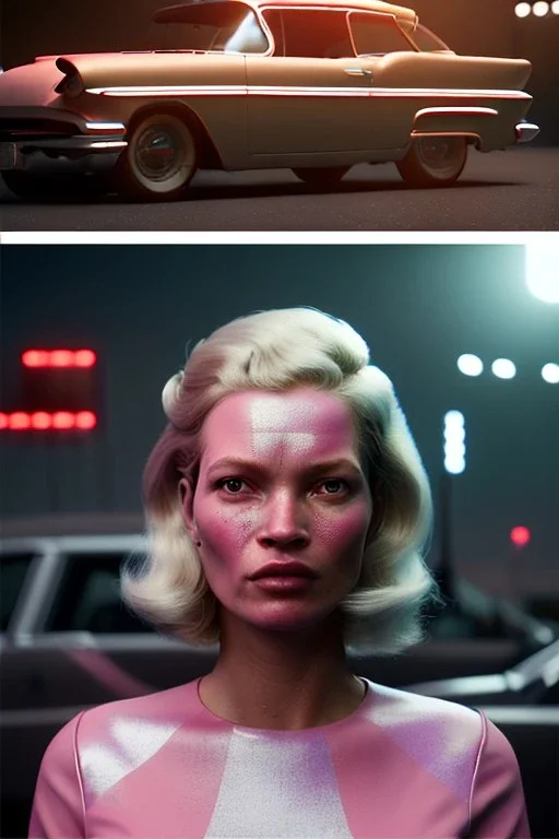 Ultra Realistic retro sci-fi, Supermarket parking scene, 1960 year, blonde woman, sweet young Kate moss face, x ray lights eyes, face makeup, tight latex coat, levitating cars, many panic people, Retro sci-fi style, soft color, highly detailed, unreal engine 5, ray tracing, RTX, lumen lighting, ultra detail, volumetric lighting, 3d, finely drawn, high definition, high resolution.