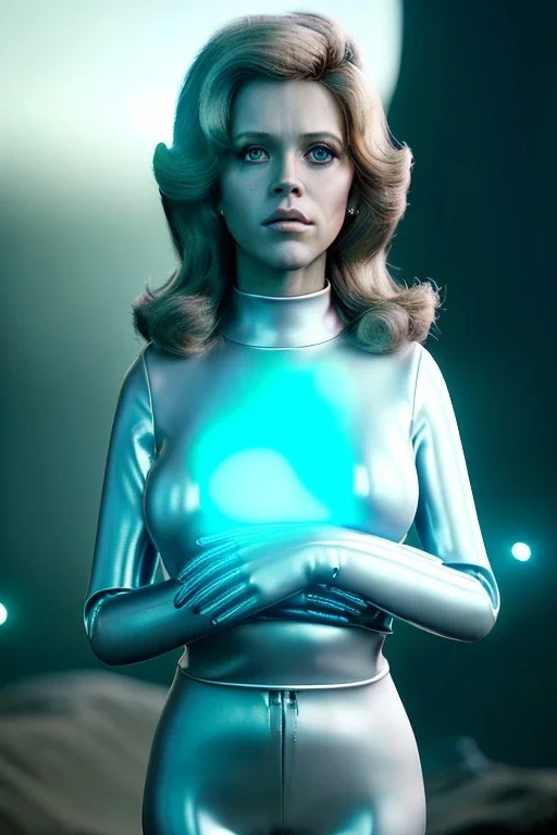 Ultra Realistic retro sci-fi scene, portrait, brunette woman, sweet young Jane fonda face, perfect iris, glow eyes, makeup. Alien background, Retro sci-fi style, helmet, tight latex coat, fog, rain, soft color, highly detailed, unreal engine 5, ray tracing, RTX, lumen lighting, ultra detail, volumetric lighting, 3d, finely drawn, high definition, high resolution.