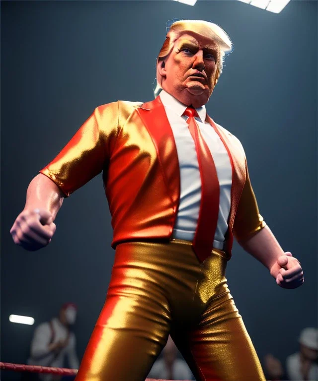 Donald trump wrestling fighter, naked torso, color breeches, suspenders, retro style, 80s, hot ambient, photo studio, red, gold, vibrant color, gradient, highly detailed, art stations, concept art, smooth, unreal engine 5, god rays, ray tracing, RTX, lumen lighting, ultra detail, volumetric lighting, 3d, finely drawn, high definition, high resolution.