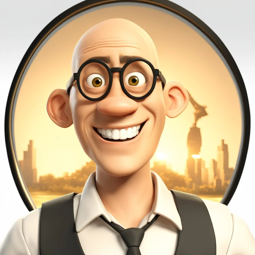 a portrait of smiling man. caricature. black rare hair. light brown skin. black eye pupils. circle eyeglasses, thin gold frame. round face shape. white shirt with black vest. pixar style. 3D. 4k. portrait. highly detailed. sharp focus. high resolution. full color. cinema lighting