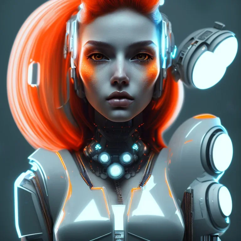 A beautiful portrait of a cute cyberpunk woman orange color scheme, high key lighting, volumetric light high details with white stripes