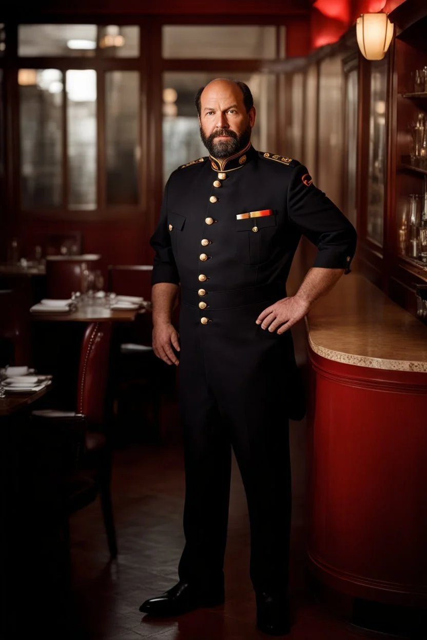 half figure shot photography of a 42 years old serious sicilian waiter in uniform, similar to Bud Spencer, shaved hair, muscular bearded strong chubby man with hands in the pockets, in an elegant empty restaurant, bulge, bullneck, manly chest, unshaved, short hair, photorealistic, dim light , side light, view from the ground