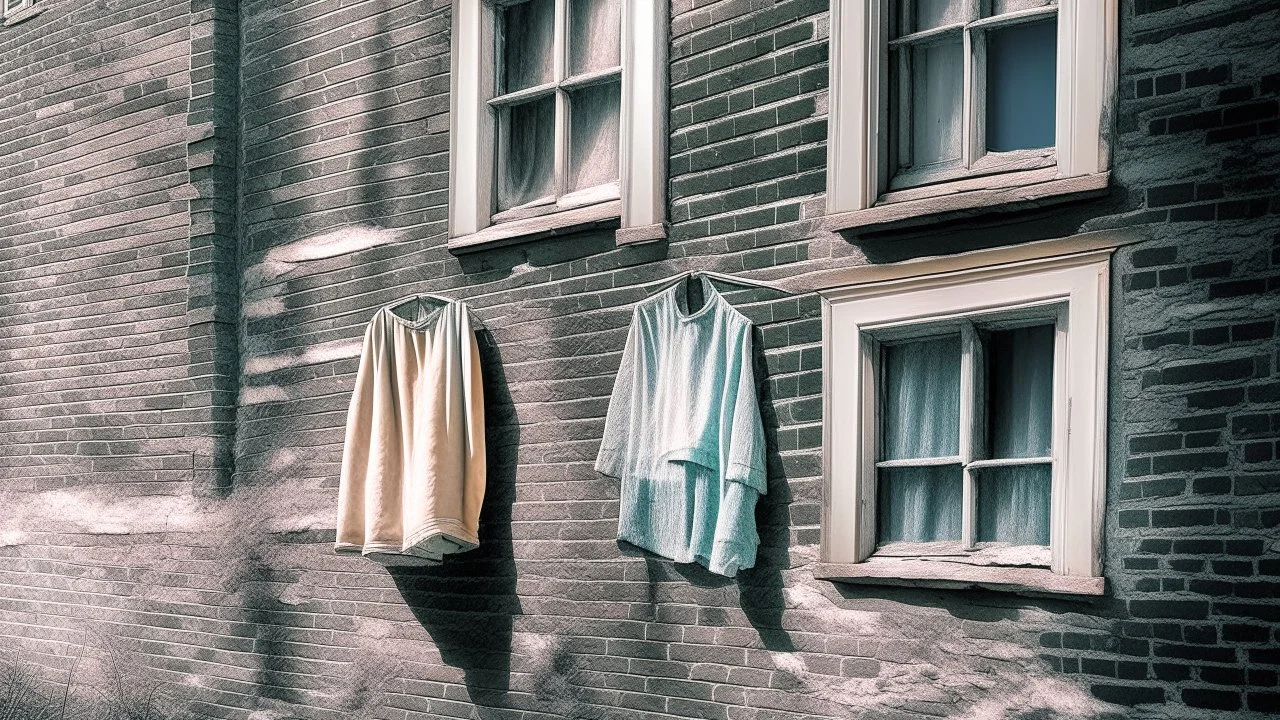 The image is a black and white photograph of an old brick building with two windows and a door. The building appears to be old and dilapidated, with peeling paint and crumbling walls. There are clothes hanging out to dry on a clothesline in front of the building. The clothes are white and appear to be freshly laundered. The window on the left is open, and the door on the right is closed. The image is taken from a low angle, looking up at the building from below. The overall mood of the image is