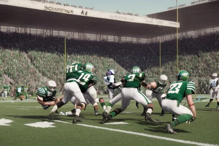 Boston Shamrocks Football team playing against the Toronto Rifles Football team, vintage, hyper-realistic, in color, 1950s football