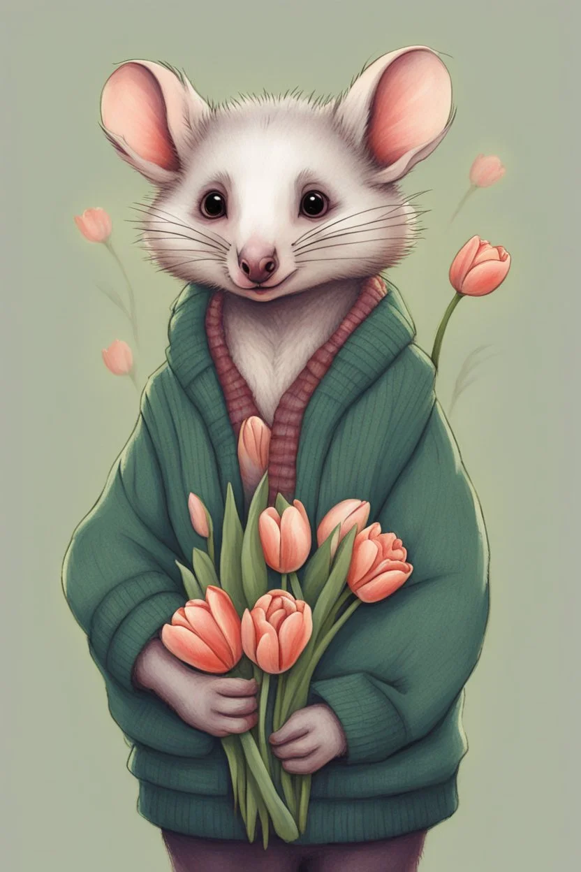 Green opossum wearing cardigan holding a bouquet of tulips cute art