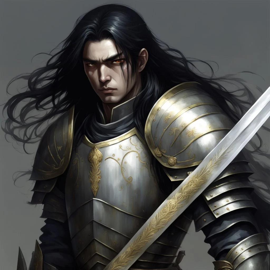 dnd character fantasy paladin knight, weathered plate armour, guilded effects, long black hair, gloomy expression, masculine facial features, pale perfect face, serious moody eyes, drawn full portrait in the style of Nobuyoshi Araki