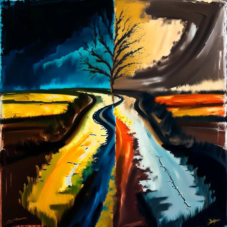 two roads diverged , art, oil colors