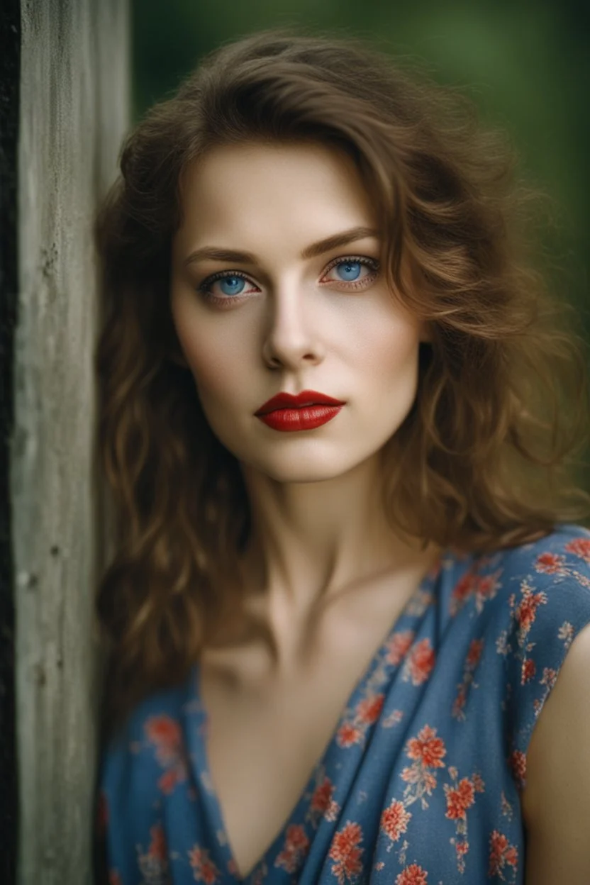 Face portrait of a beautiful Polish young woman taken by a Mamiya M645 camera with portrait lens on colour medium-format film, red lips, blue eyes, pored skin, hard light,