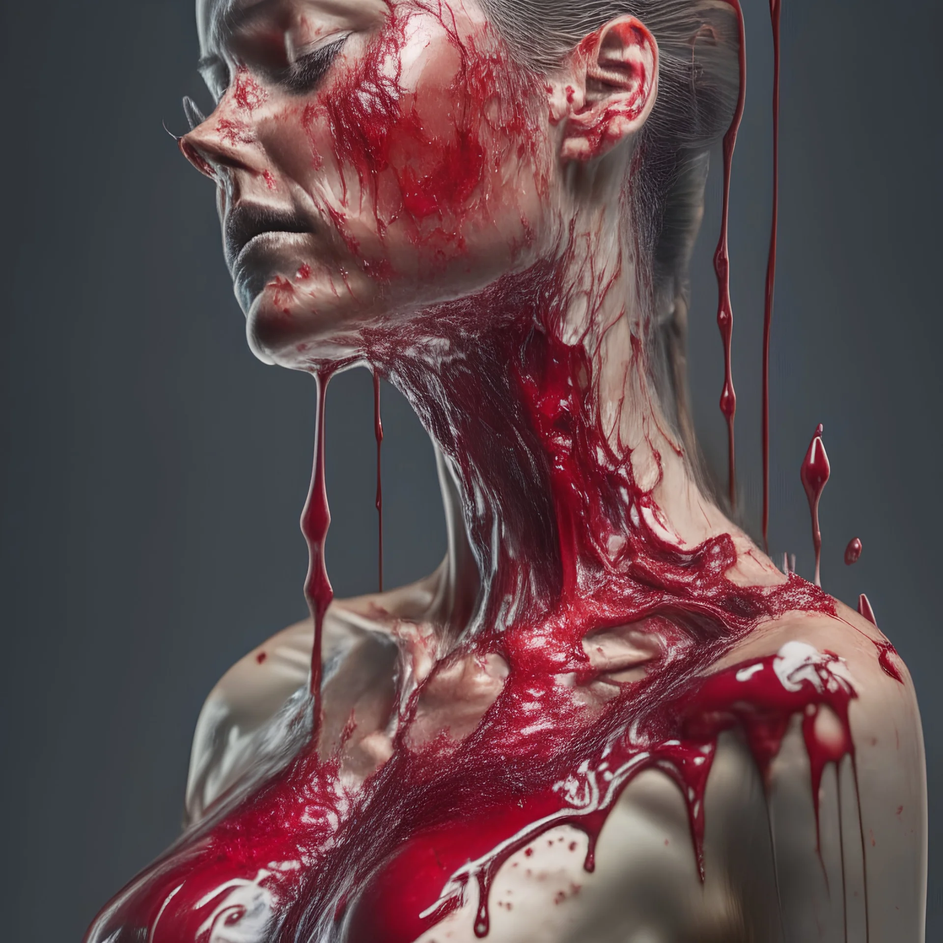 Realistic anatomical woman, made of glass, shattering, smiling, dripping blood, 8k, macro photography