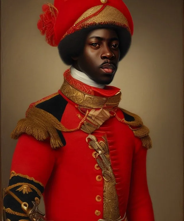 Negro Felipe, african, 1600's military red uniform, red headband