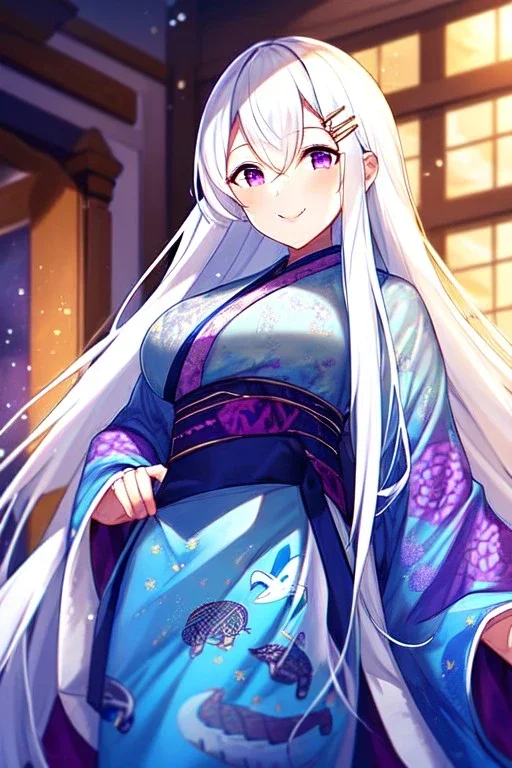 girl, masterpiece, best quality, cinematic lighting, detailed outfit, vibrant colors, perfect eyes, white hair, purple eyes, long hair, dragon pattern kimono, indoors, light rays, hairclip, smile,