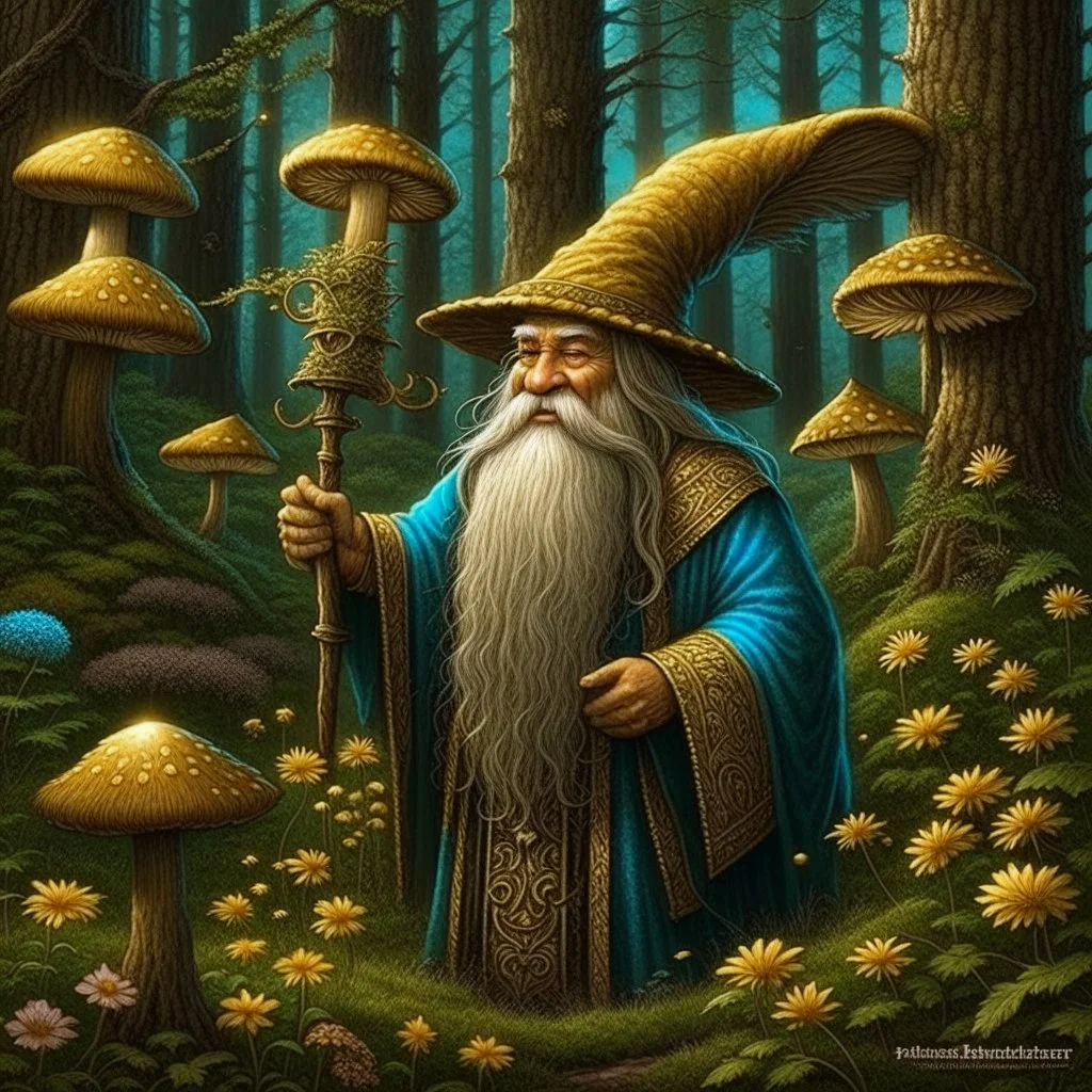 Wizard, painted, digital painting, 24k, high resolution, highly detailed, cozy, forest with leafs, mushrooms and flowers, smooth, art by JOHN STEPHENS