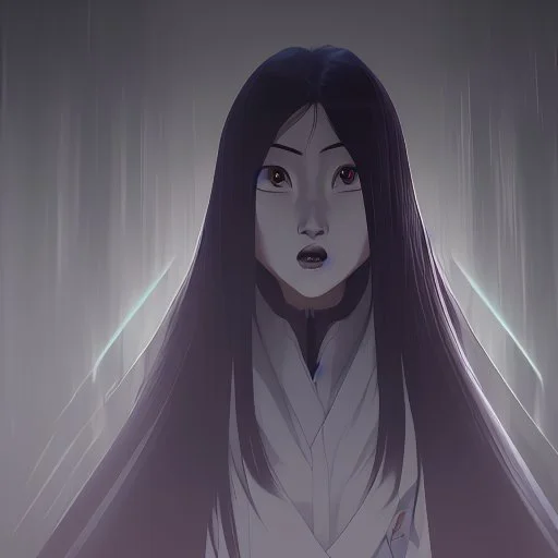 Sadako Yamamura (Ringu, 1998) ; screenshot, Dark Foggy Georgeous Horror Dark Fantasy Art by James Bousema, digital illustration, evil,wild, cold stare ,photo-realistic, 32K,dynamic colors,high details,high definition,crystal clear image,aspect ratio 33:1,DIGITAL ILLUSTRATION by James Bousema Modifiers: Nikon D850 elegant Award winning photography fantasy photorealistic very attractive