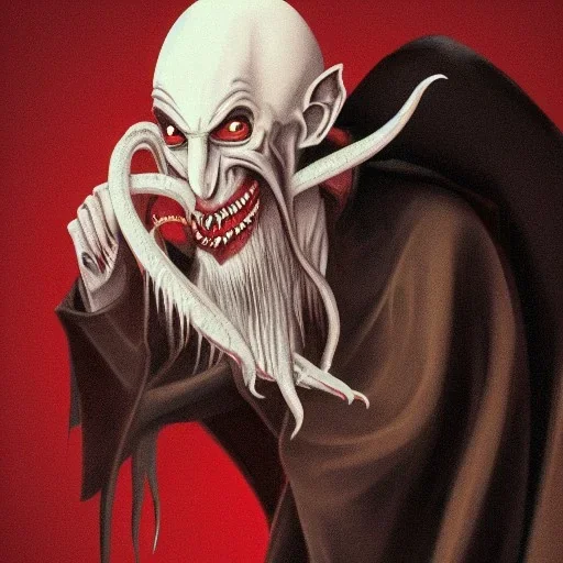 Realistic Nosferatu vampire with tentacle beard and vampire fangs as Russian Orthodox