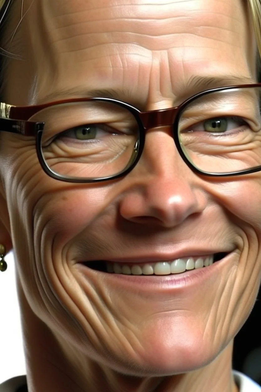 robin Wright con dientes torcidos, piel grasosa, muchos granos acné y lentes