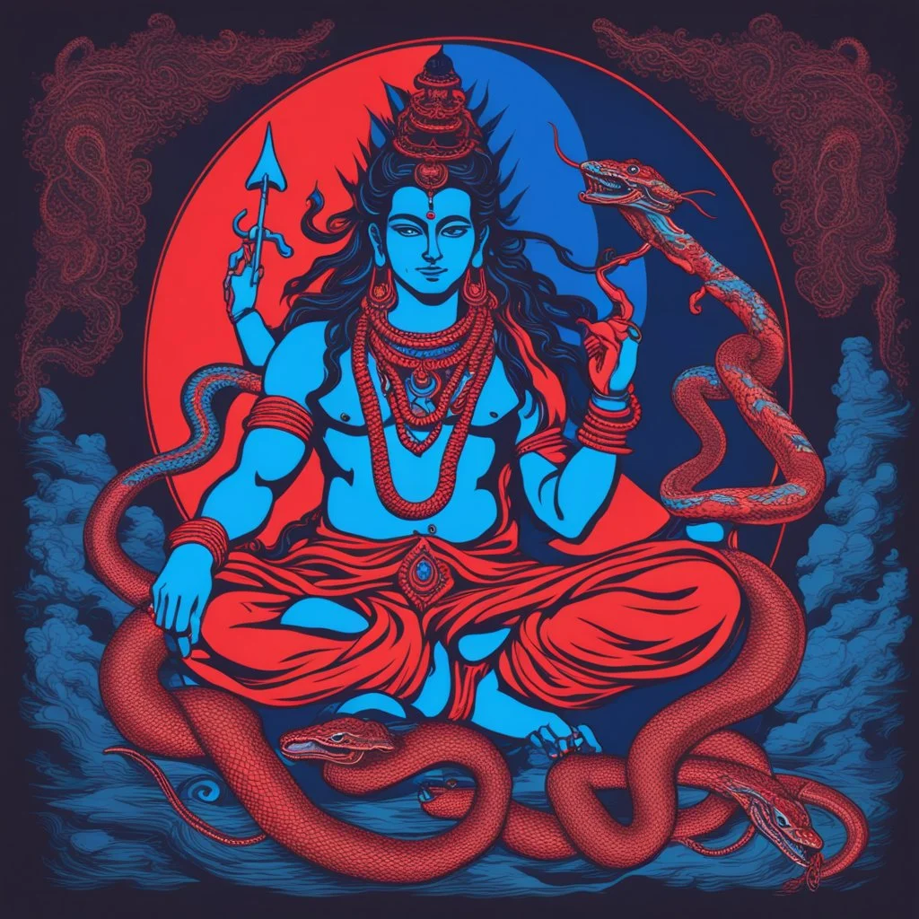 Shiva in mountain shambala neon red and blue with snake