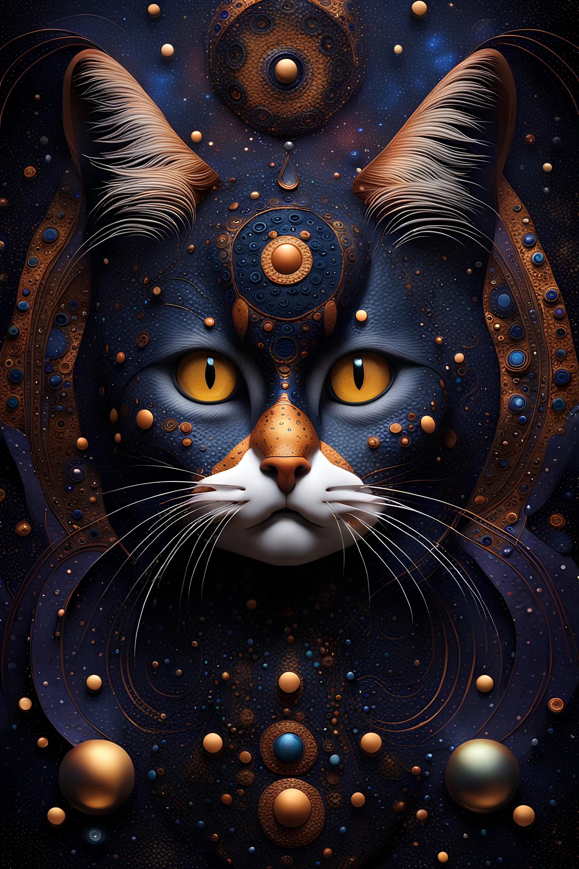 deep dark luminescence rich colors, reminiscent of abstract luxury, minimalist abstract pattern with dots and lines, clean with some abstract elements, with dark colors , trending on artstation, sharp focus, studio photo, intricate details, highly detailed, by Gustav Klimt, Antonio Gaudi, greg rutkowski, fantasy geometric galaxy grumpy cat