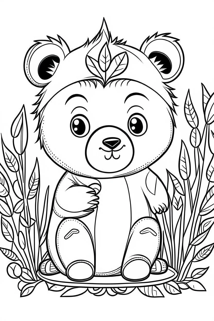 cute coloring page, sketch style, cute baby bearin the wood, cute cartoon, white and black, withe background, no shadows, outline.