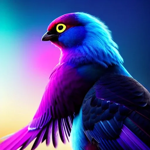 A bird fursona, Furry art, Digital art, cyberpunk, High quality, Backlighting, female, anthropomorphic, full body portrait, 8k resolution, bird tail, Realistic, high quality, great details, within portrait, masterpiece, best quality, detailed outfit, vibrant colors, perfect eyes, feathery, human body, robotic arm, sfw, highly detailed face, perfectly drawn, Taloned feet