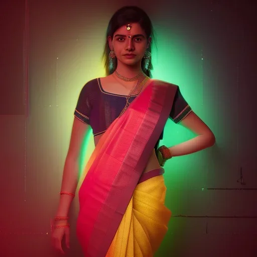 full frame photo of a girl in saree in dark room with neon light ,hyperrealistic,detailed,8k,cinematic