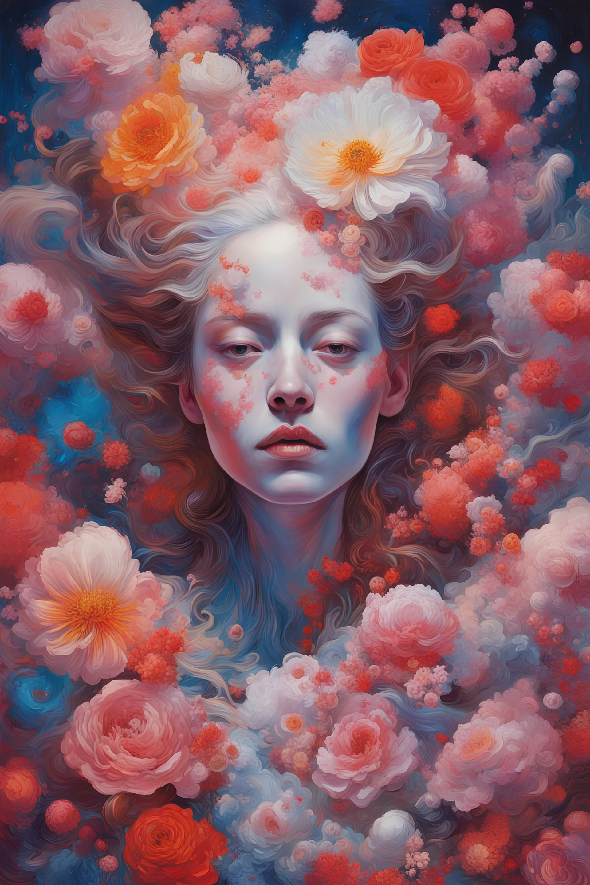 portrait of the most beautiful form of chaos in space, millions of flowers everywhere, cosmic, elegant, a brutalist designed, vivid colours, romanticism, by james jean, roby dwi antono, ross tran, francis bacon, michal mraz, adrian ghenie, petra cortright, gerhard richter, takato yamamoto, ashley wood, atmospheric, trending on artstation. 8 k masterpiece.