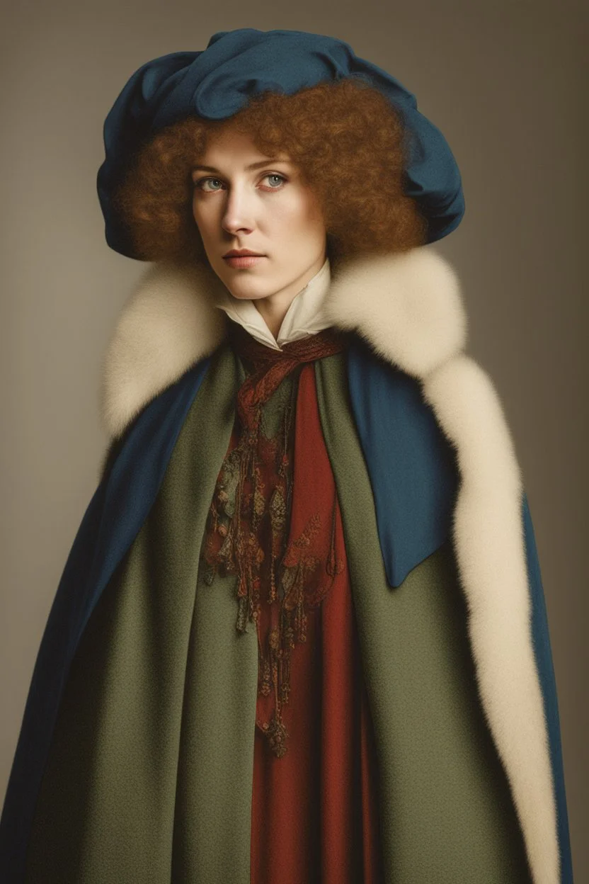 Half body portrait of a young woman in winter clothes in the style of jan van eyck in colors on a white background