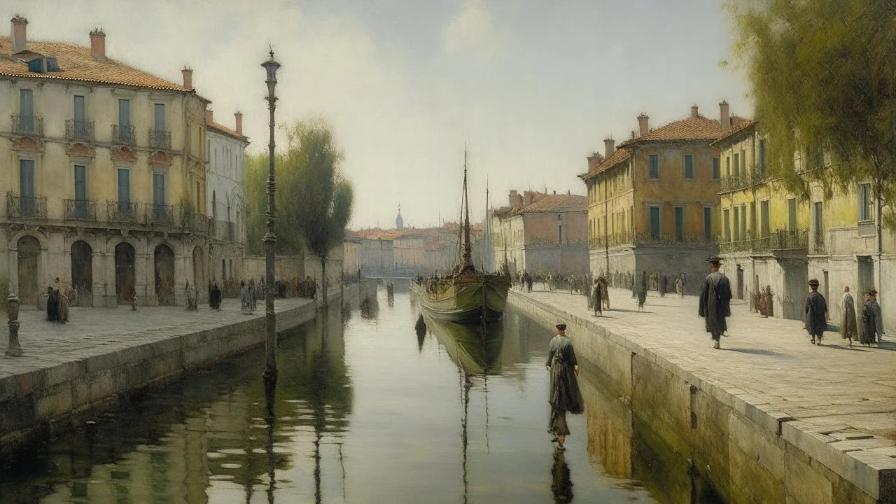 a painting of people walking down a street next to a body of water by Telemaco Signorini, featured on pixiv, american barbizon school, academic art, cityscape, henry moore